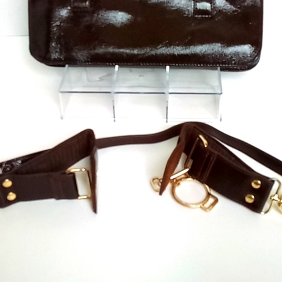 Brown Patent Leather Clutch Bag with Bow and Strap - Picture 8 of 9